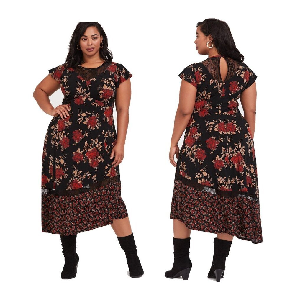 Torrid Midi Studio Knit Asymmetrical Black Flowers Dress Plus Size 1 (1X) - Picture 1 of 8
